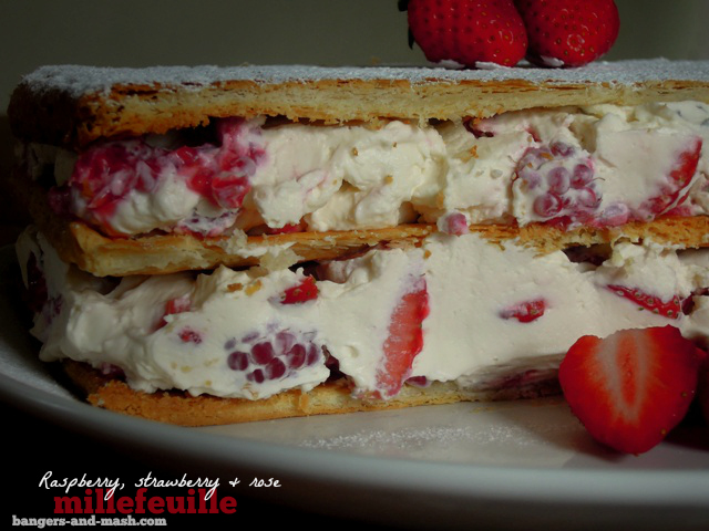 raspberry, strawberry, rose millefeuille