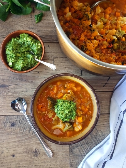 5. Chunky Vegetable Soup with Spinach-Cashew Pesto